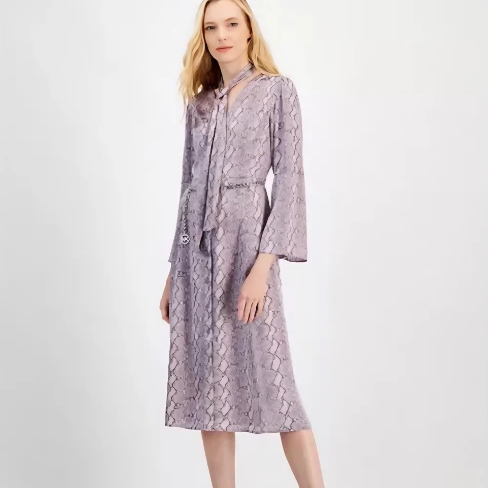 Michael Kors Lavender Snake Print Dress With Bell Sleeves and Silver MK belt - Picture 2 of 3